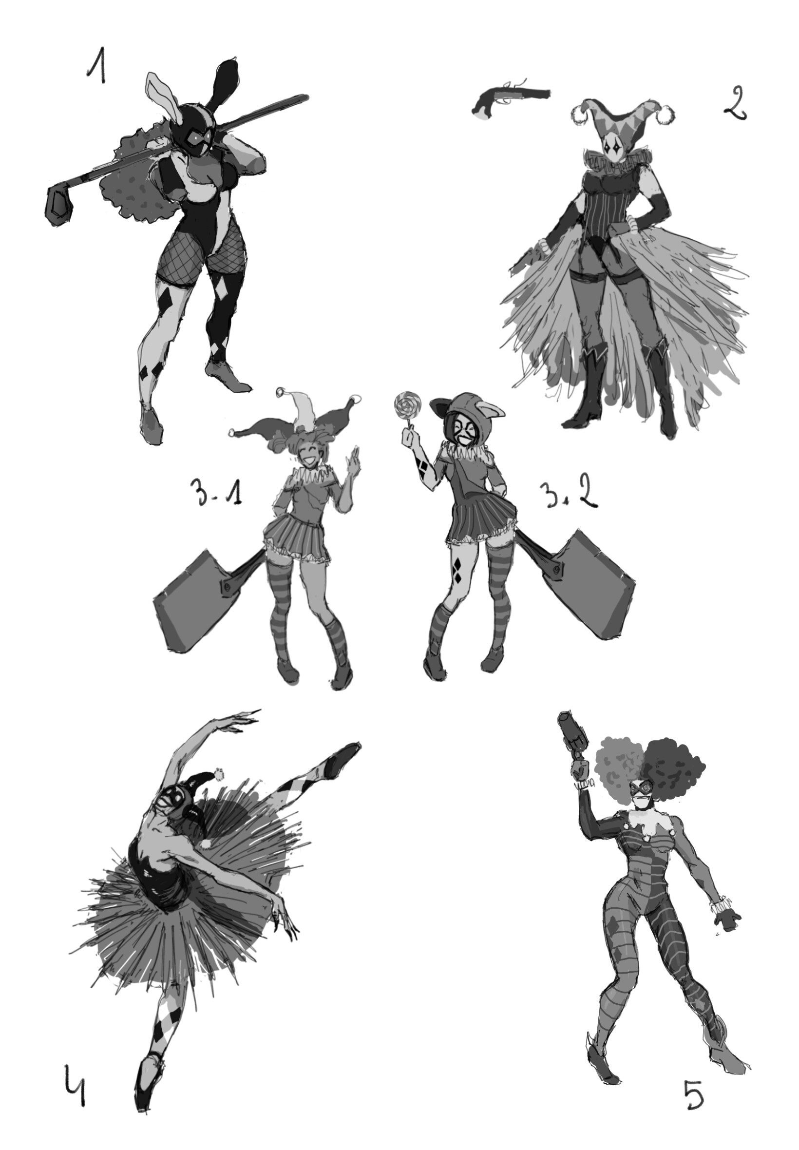 Variations de costume pour Harley Quinn.